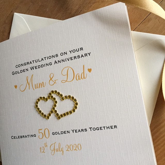 Personalised Golden 50th Wedding Anniversary Card - Diamante Double Hearts