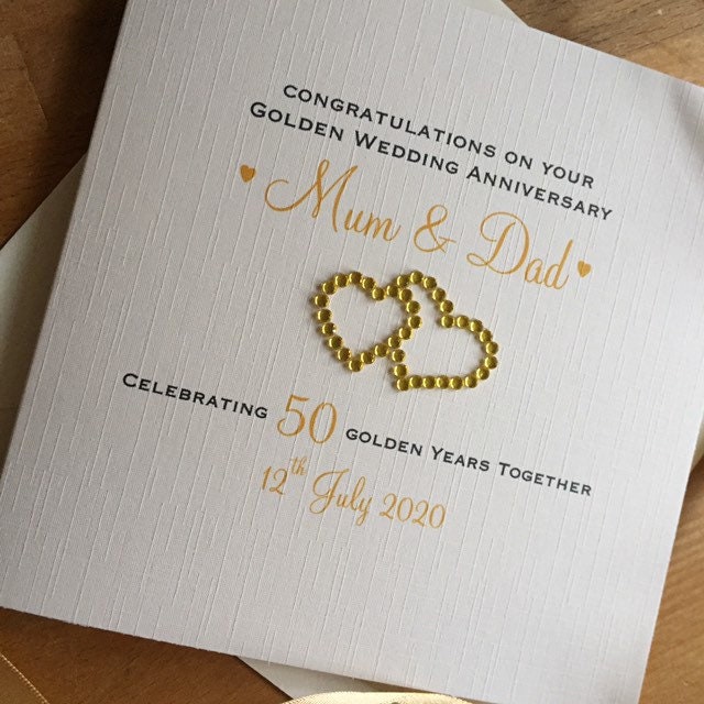 Personalised Golden 50th Wedding Anniversary Card - Diamante Double Hearts