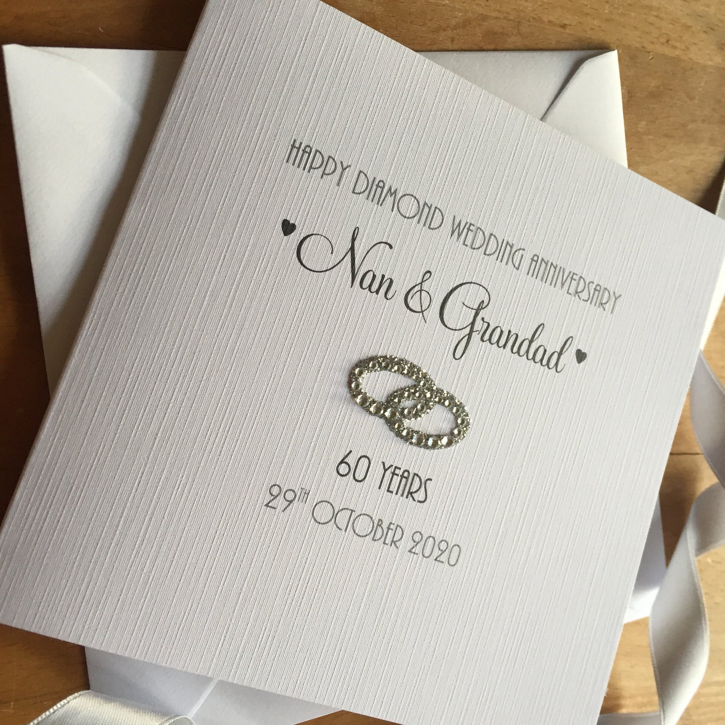 Diamond 60th or Platinum 70th Wedding Anniversary Card - Glitter & Diamante Rings