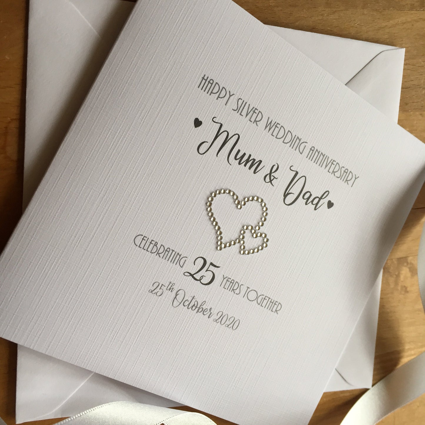 Silver 25th Wedding Anniversary Card - Double Diamante Hearts - 25th Anniversary Card, Silver Wedding