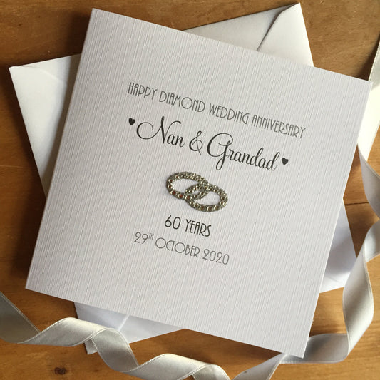 Diamond 60th or Platinum 70th Wedding Anniversary Card - Glitter & Diamante Rings