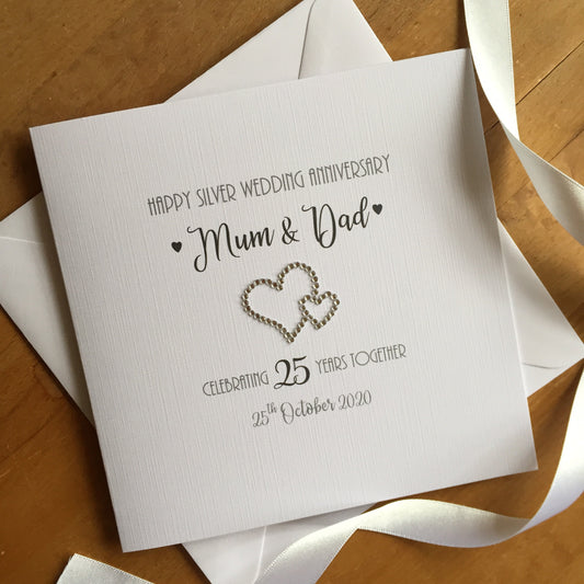 Silver 25th Wedding Anniversary Card - Double Diamante Hearts - 25th Anniversary Card, Silver Wedding