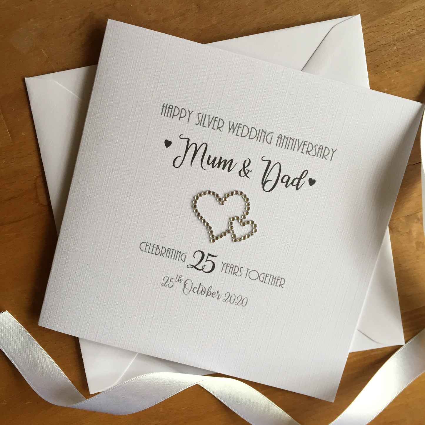 Silver 25th Wedding Anniversary Card - Double Diamante Hearts - 25th Anniversary Card, Silver Wedding