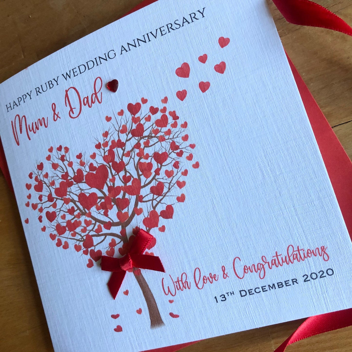 Ruby Wedding Anniversary Card, 40th Anniversary - Heart Tree