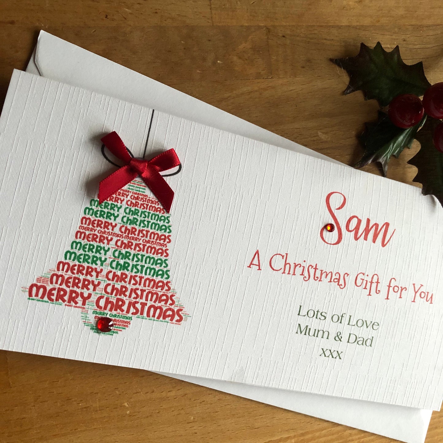 Personalised Christmas Bell Money / Gift / Voucher Wallet - Money Wallet with Crystals and Bow