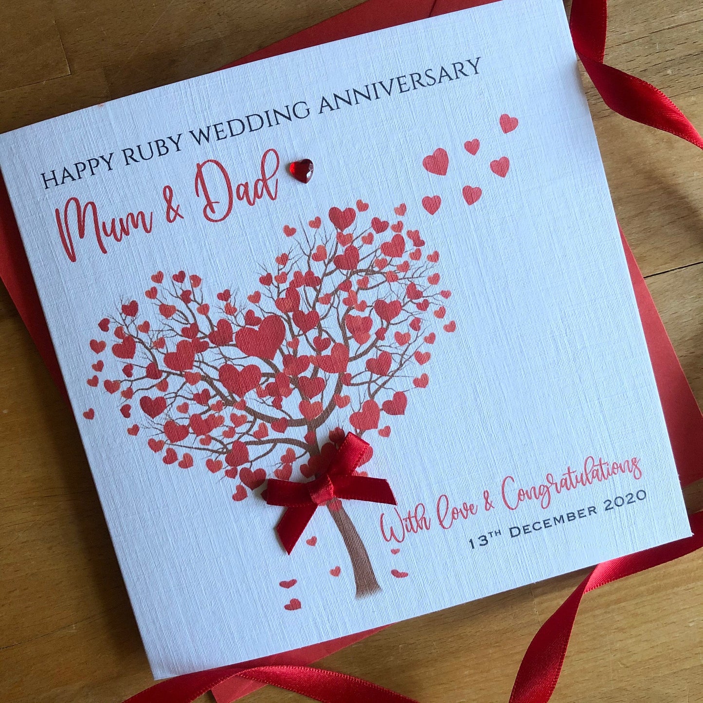 Ruby Wedding Anniversary Card, 40th Anniversary - Heart Tree