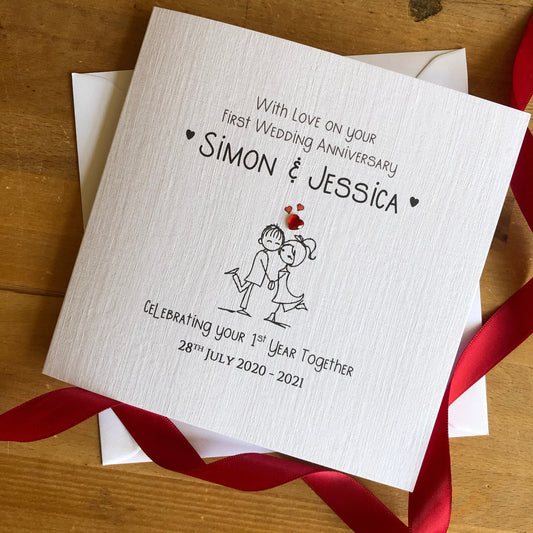 1st Wedding Anniversary Card, First Anniversary - Red Crystal Heart Couple