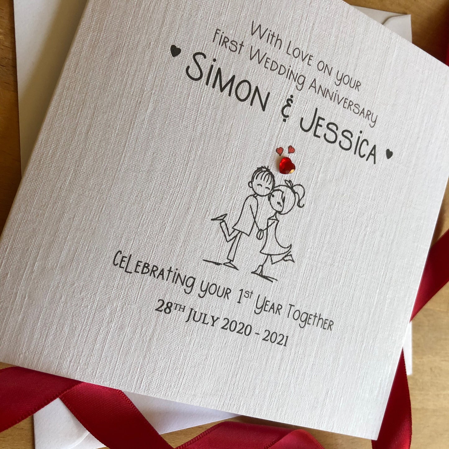 1st Wedding Anniversary Card, First Anniversary - Red Crystal Heart Couple