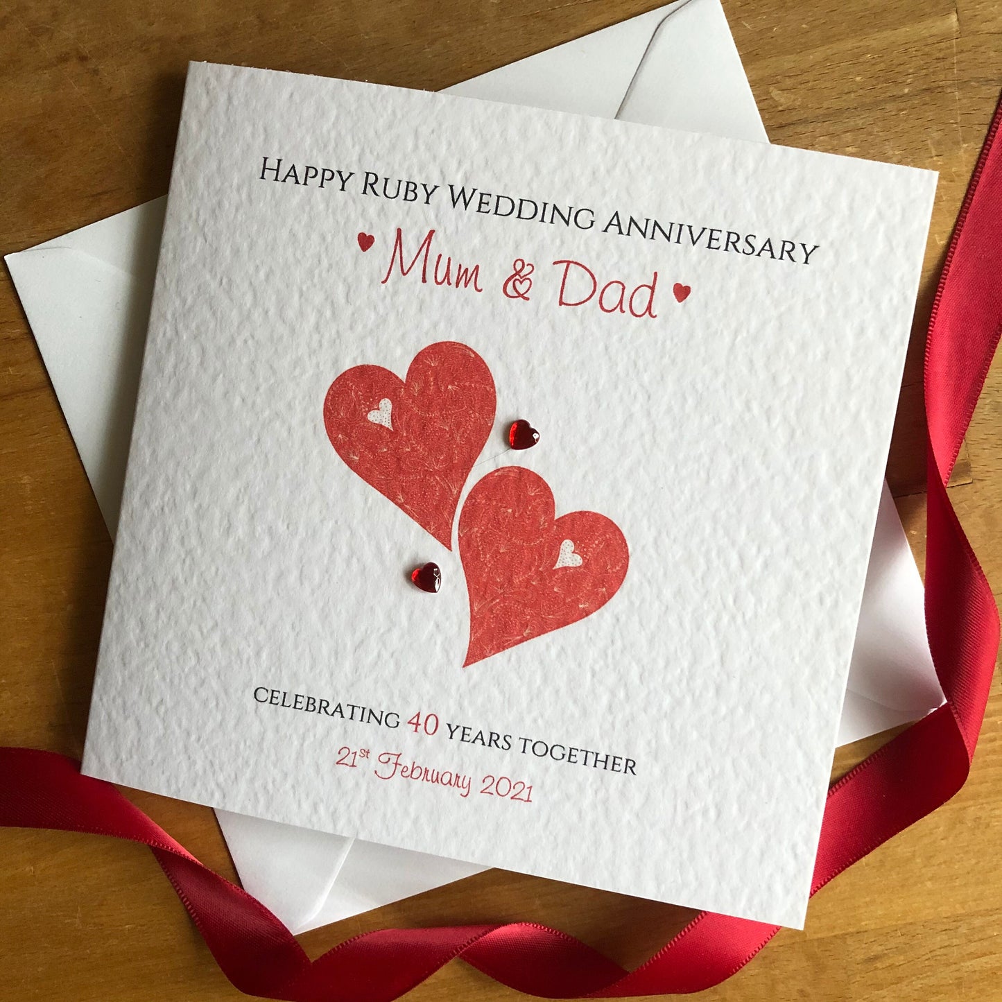 Ruby Wedding Anniversary Card, 40th Anniversary - Two Hearts Personalised