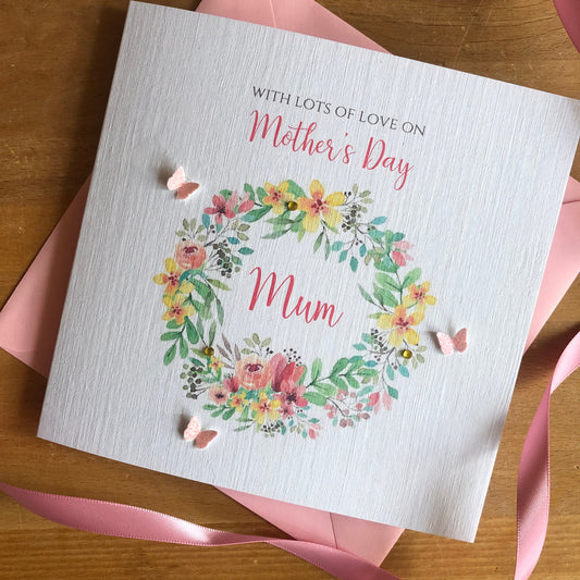 Personalised Mother's Day Card - Floral Wreath & Butterflies - Special Mum, Nan, Carer, any name
