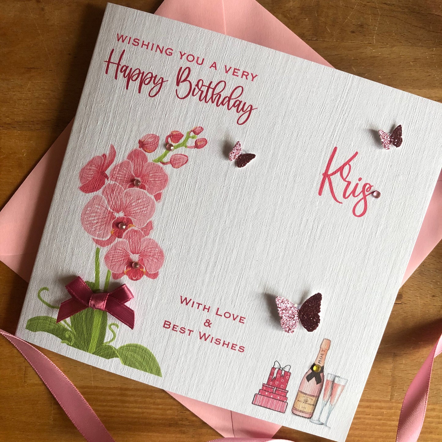 Personalised Birthday Card - Orchids, Champagne & Butterflies