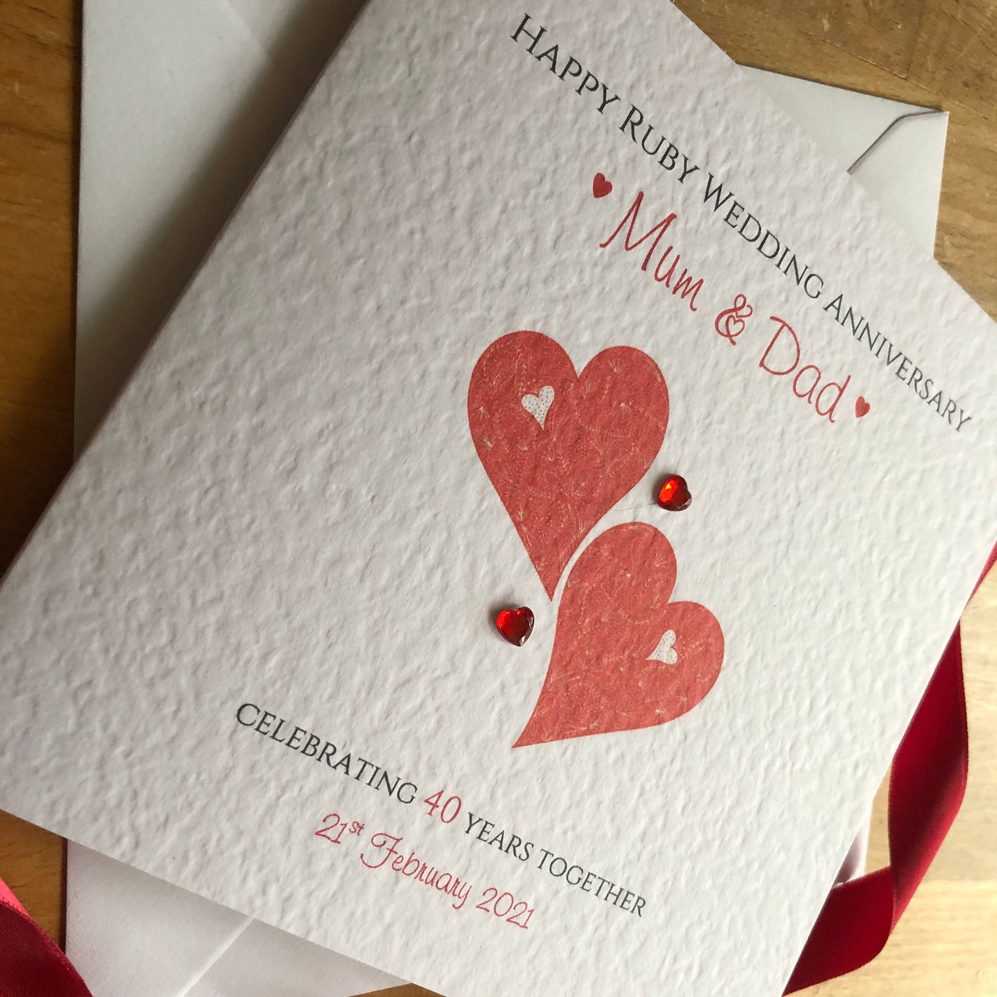 Ruby Wedding Anniversary Card, 40th Anniversary - Two Hearts Personalised
