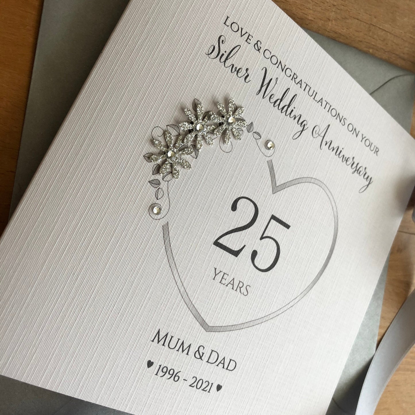 Silver 25th Wedding Anniversary Card, Floral Number Heart, 25 Years Personalised