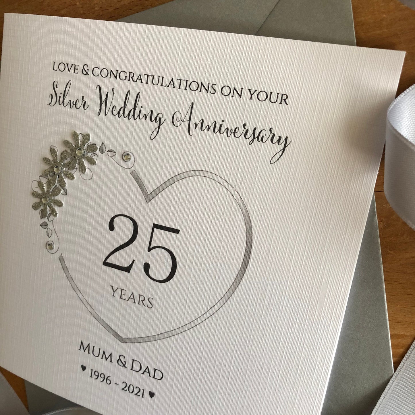 Silver 25th Wedding Anniversary Card, Floral Number Heart, 25 Years Personalised