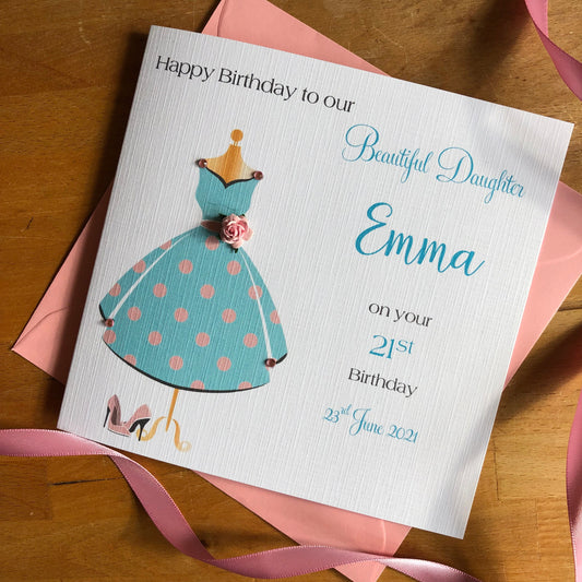 Personalised Birthday Card, Blue Dress with Paper Rose