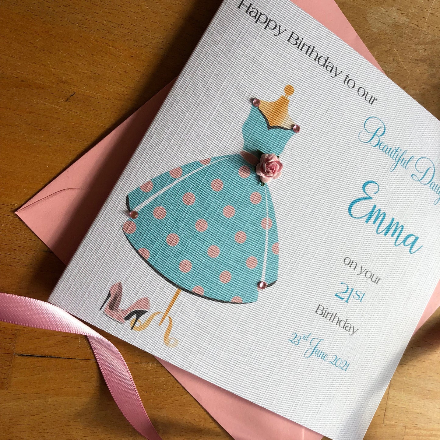 Personalised Birthday Card, Blue Dress with Paper Rose