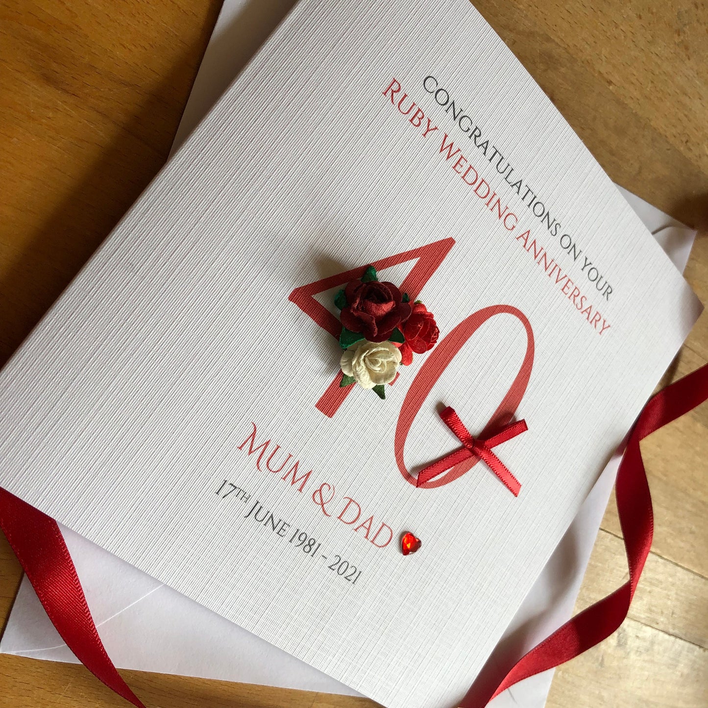 Ruby 40th Wedding Anniversary Card - Large Number with Rose Cluster - Personalised