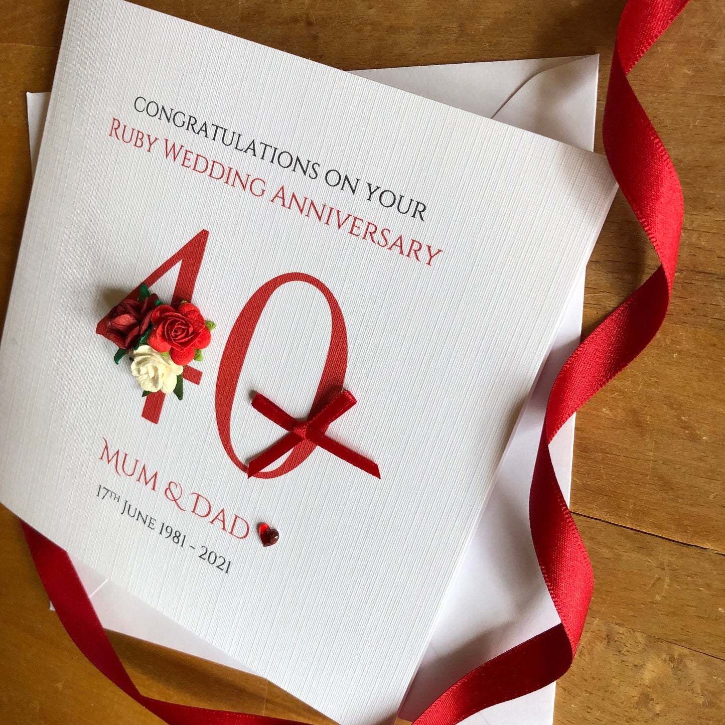 Ruby 40th Wedding Anniversary Card - Large Number with Rose Cluster - Personalised