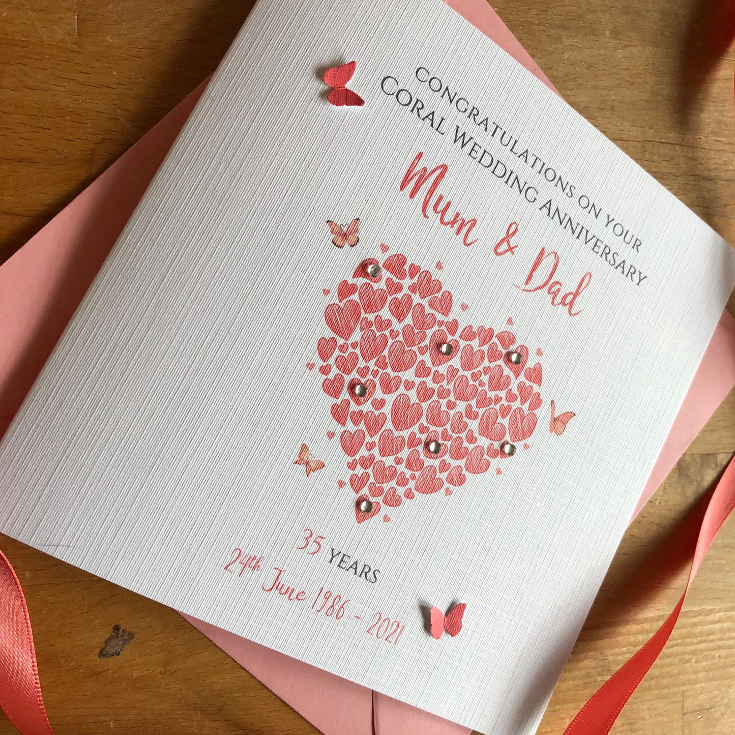 Personalised Coral Wedding Anniversary Card, Heart of Hearts with Butterflies