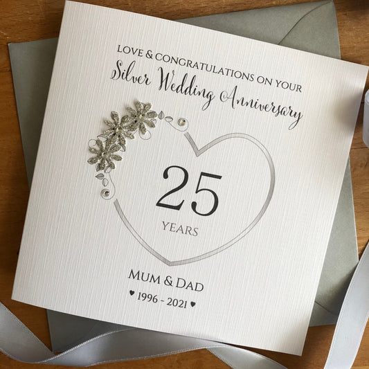 Silver 25th Wedding Anniversary Card, Floral Number Heart, 25 Years Personalised