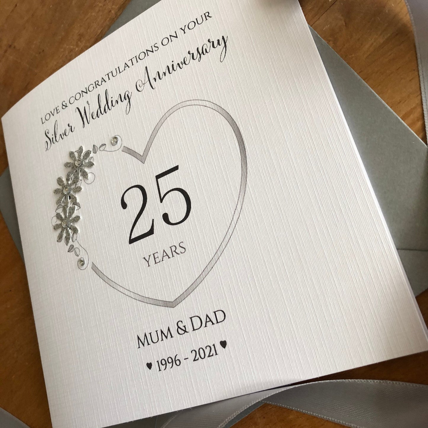 Silver 25th Wedding Anniversary Card, Floral Number Heart, 25 Years Personalised