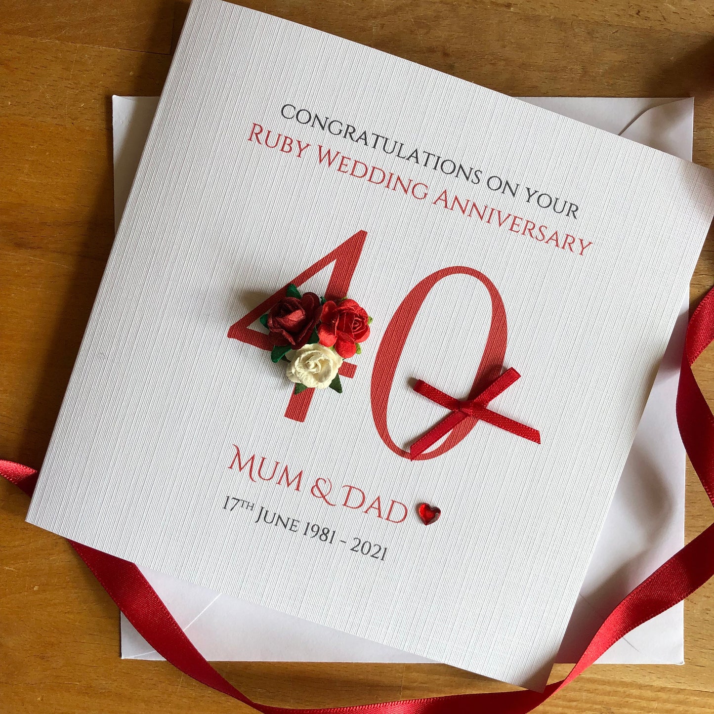 Ruby 40th Wedding Anniversary Card - Large Number with Rose Cluster - Personalised