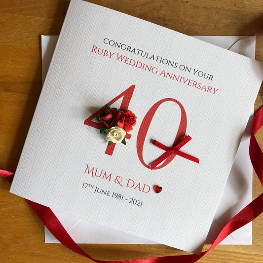 Ruby 40th Wedding Anniversary Card - Large Number with Rose Cluster - Personalised