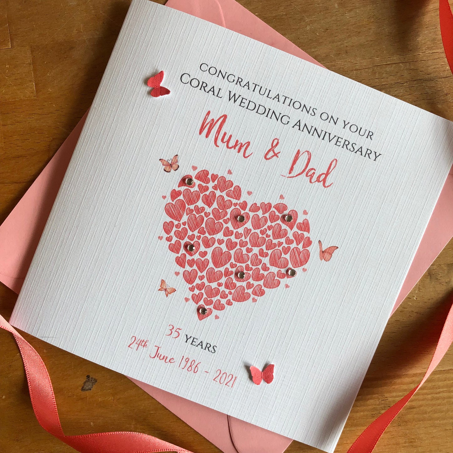 Personalised Coral Wedding Anniversary Card, Heart of Hearts with Butterflies