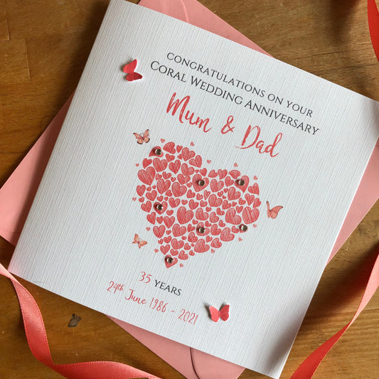 Personalised Coral Wedding Anniversary Card, Heart of Hearts with Butterflies