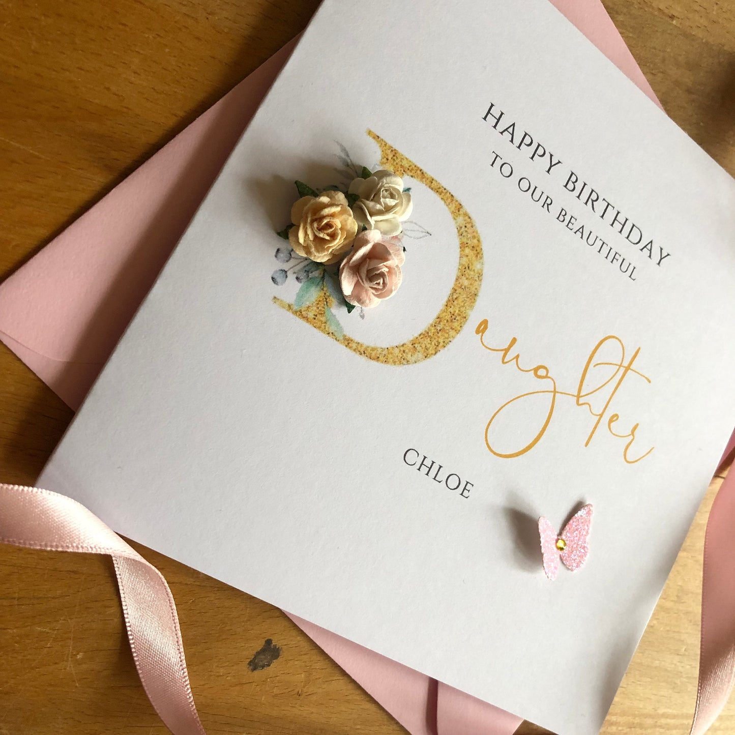 Personalised Birthday Card - Gold Letter with Paper Roses & Butterfly