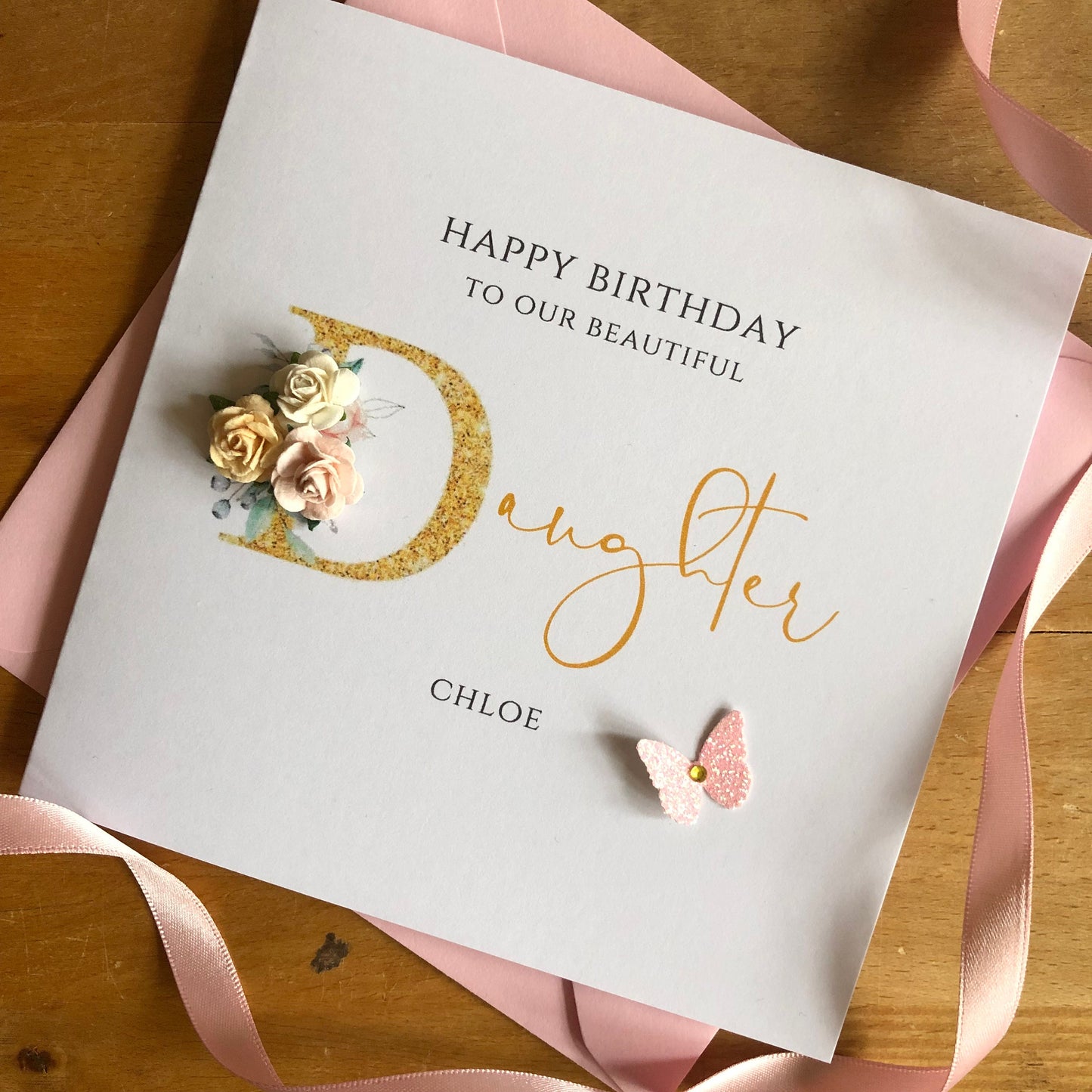 Personalised Birthday Card - Gold Letter with Paper Roses & Butterfly