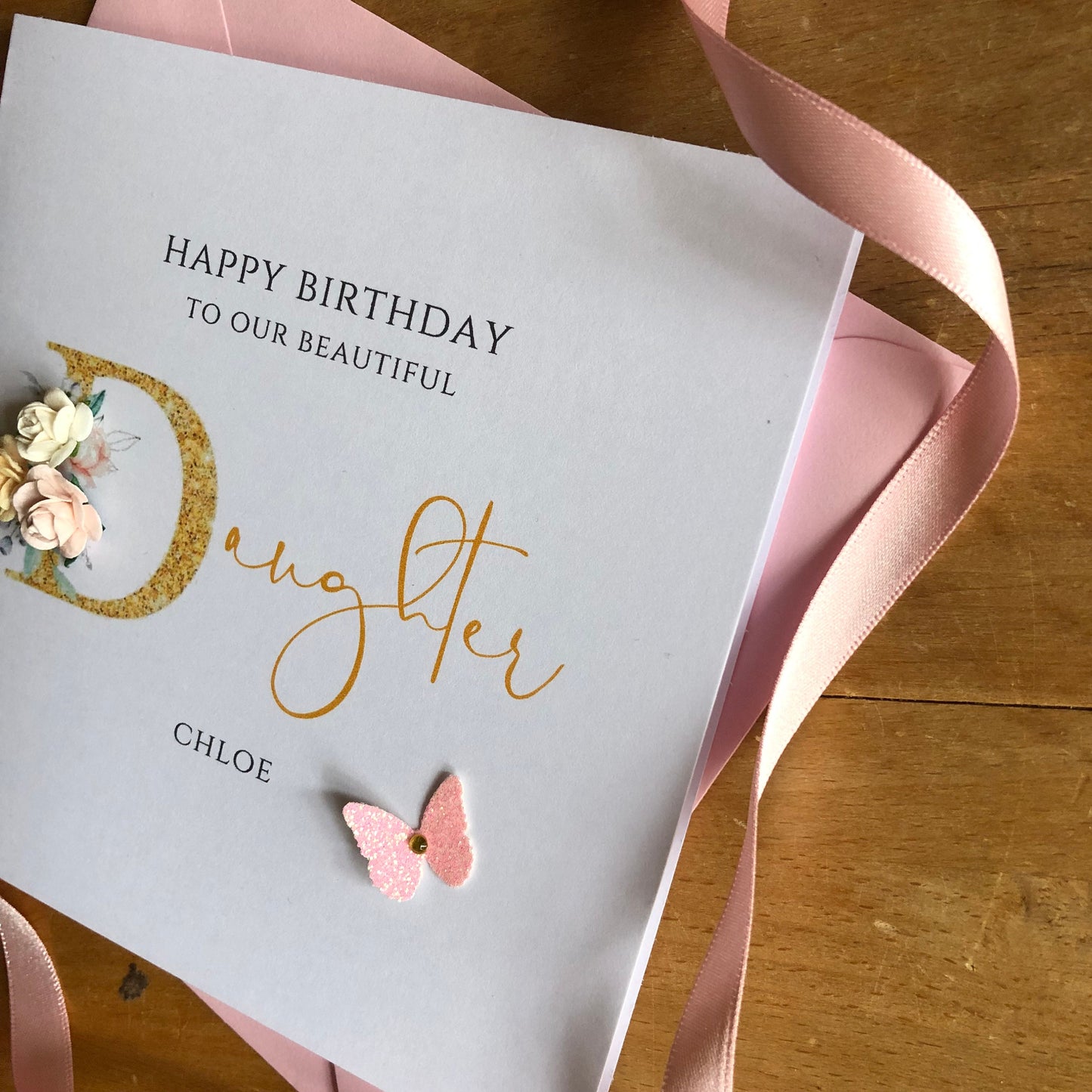 Personalised Birthday Card - Gold Letter with Paper Roses & Butterfly