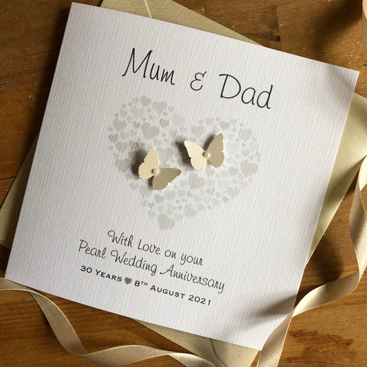 Pearl 30th Wedding Anniversary Card, Heart of Hearts Pearl Butterflies Personalised