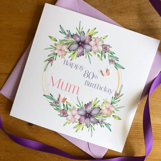 Personalised Birthday Card - Lilac & Pink Floral Frame