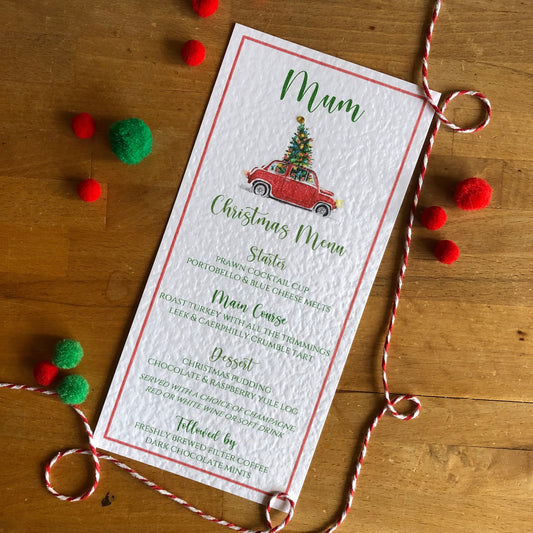 Personalised Christmas Table Menu Cards - Christmas Tree Car