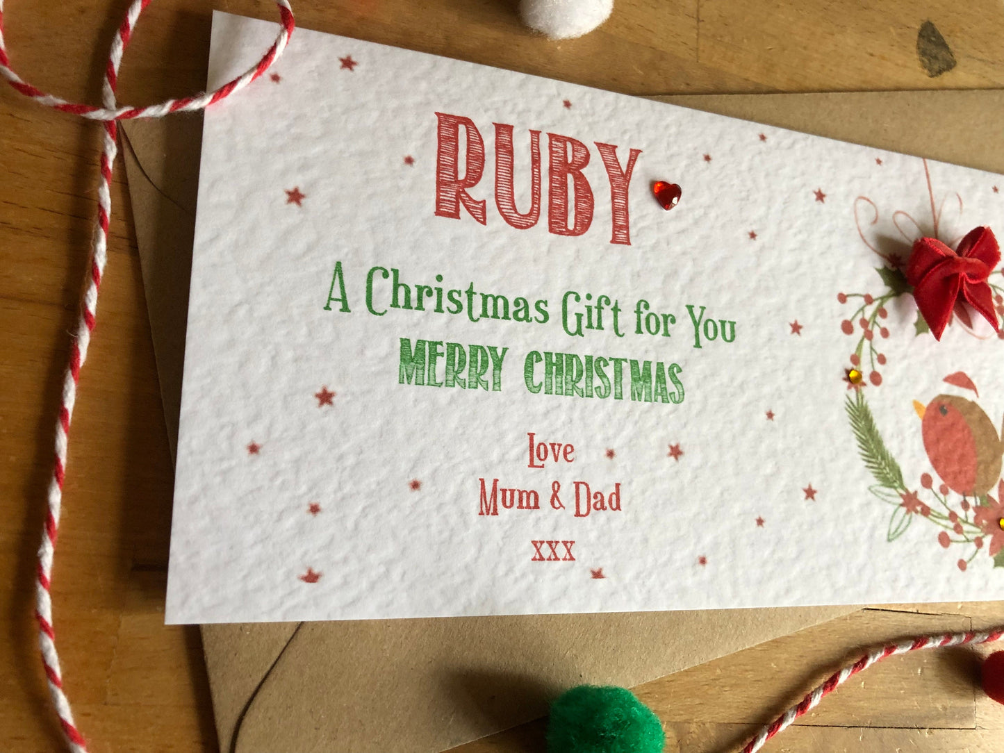 Personalised Christmas Robin Hanger Money / Gift / Voucher Wallet - Money Wallet with Crystals and Bow
