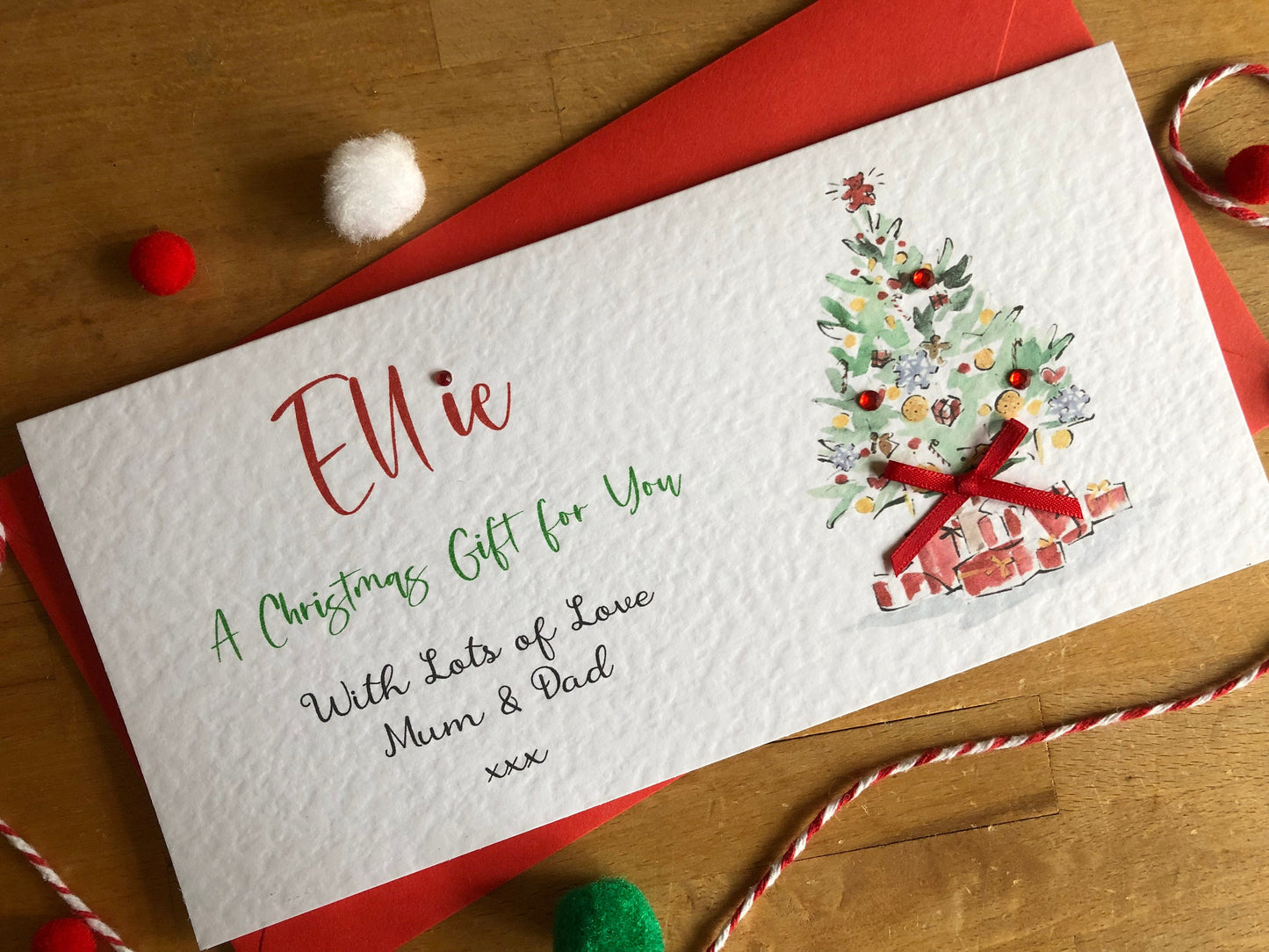 Personalised Christmas Tree - Watercolour - Money / Gift / Voucher Wallet with Crystals and Bow