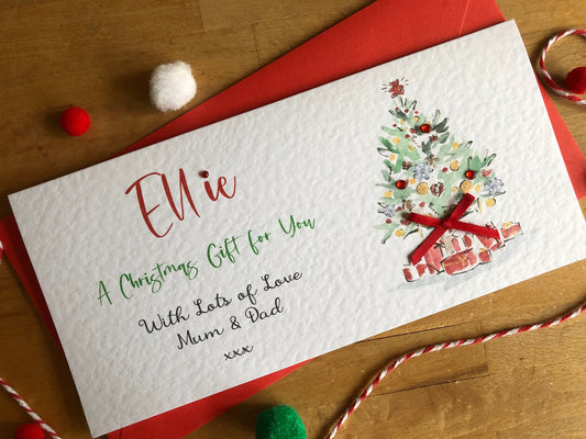 Personalised Christmas Tree - Watercolour - Money / Gift / Voucher Wallet with Crystals and Bow