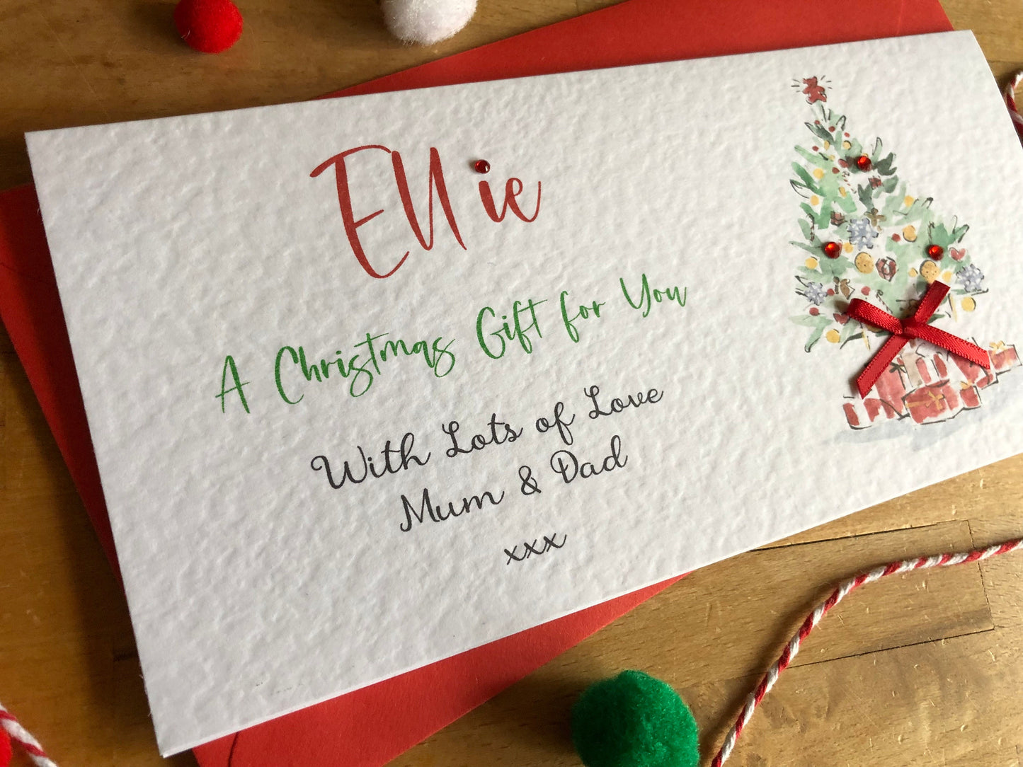 Personalised Christmas Tree - Watercolour - Money / Gift / Voucher Wallet with Crystals and Bow