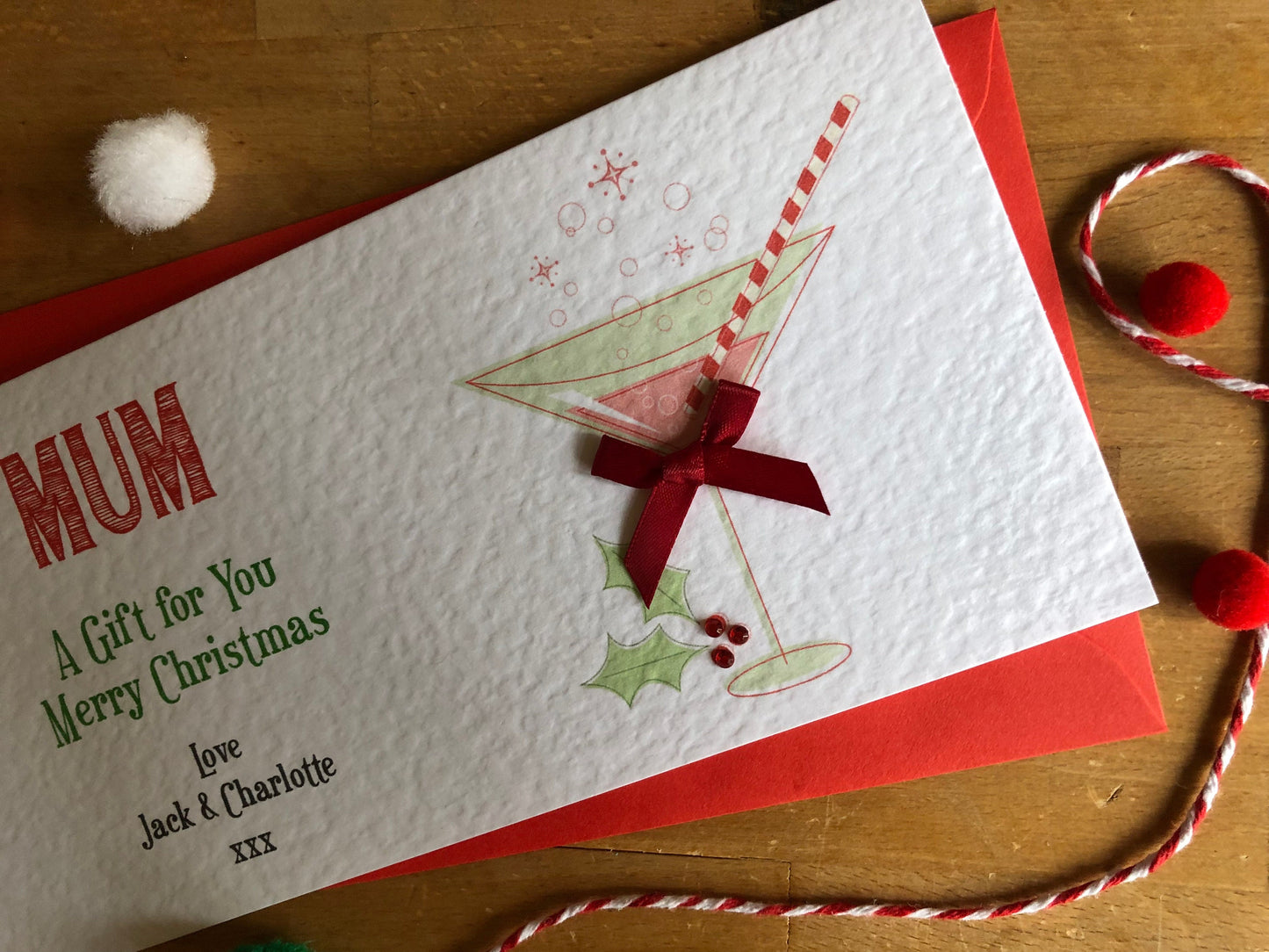 Personalised Christmas Cocktail Money / Gift / Voucher Wallet with Crystals and Bow