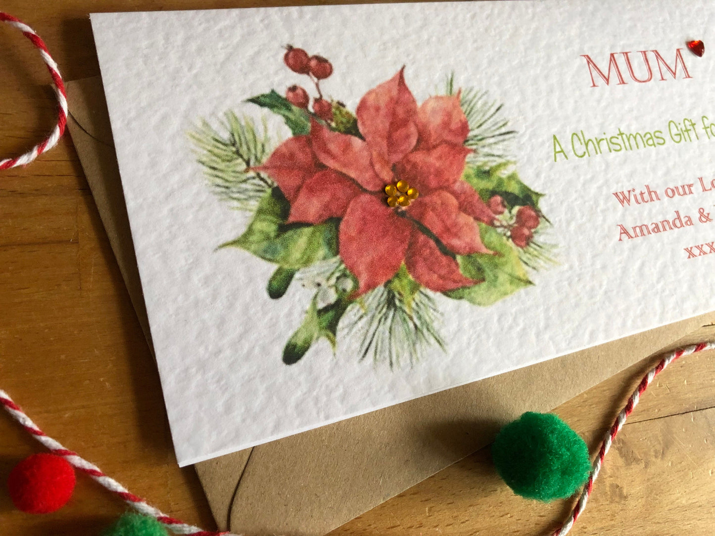 Personalised Christmas Poinsettia Money / Gift / Voucher Wallet - Money Wallet with Crystals and Bow