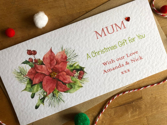 Personalised Christmas Poinsettia Money / Gift / Voucher Wallet - Money Wallet with Crystals and Bow