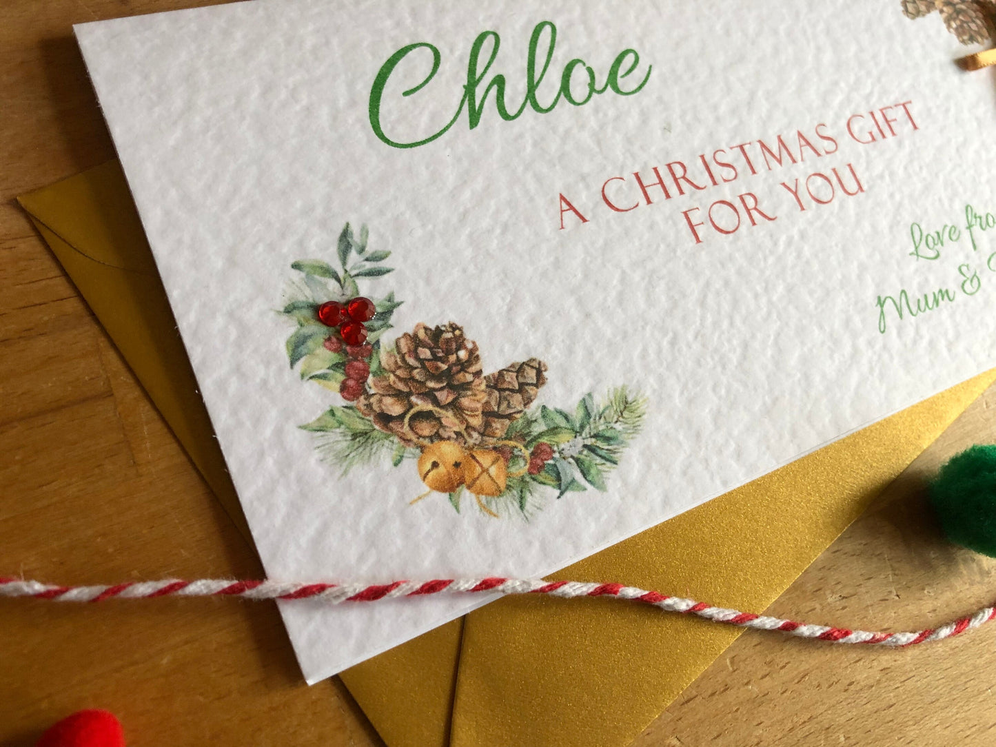 Personalised Christmas Pine Cone & Fir Money / Gift / Voucher Wallet with Crystals and Bow