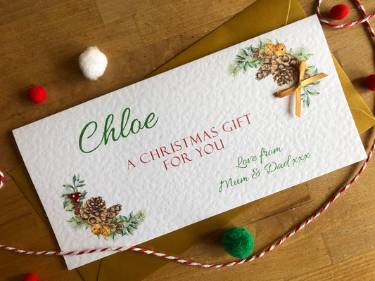 Personalised Christmas Pine Cone & Fir Money / Gift / Voucher Wallet with Crystals and Bow