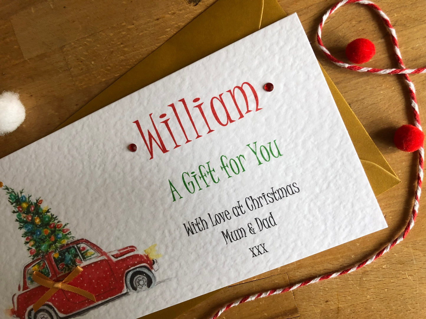 Personalised Christmas Car Money / Gift / Voucher Wallet with Crystals and Bow