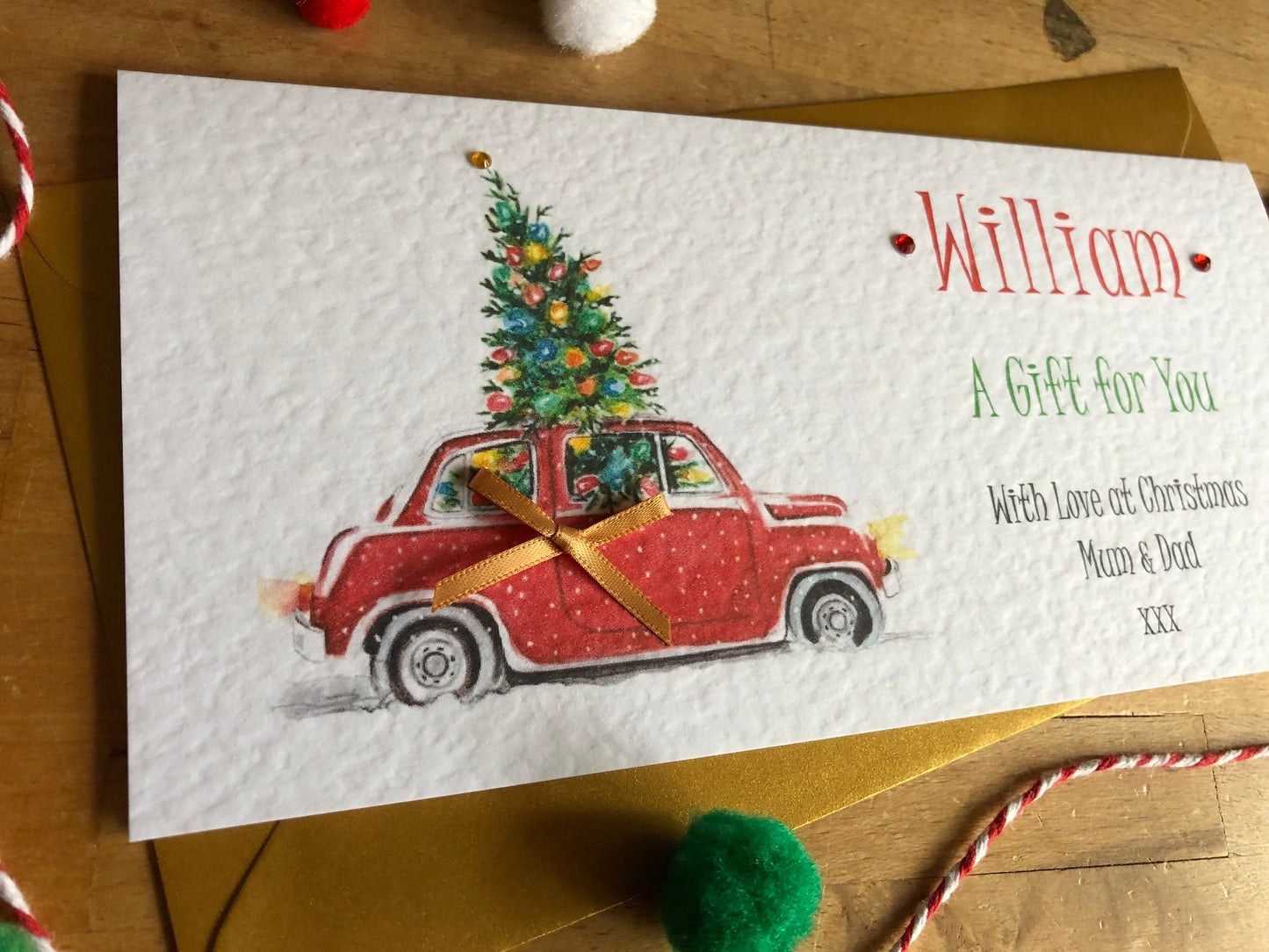 Personalised Christmas Car Money / Gift / Voucher Wallet with Crystals and Bow