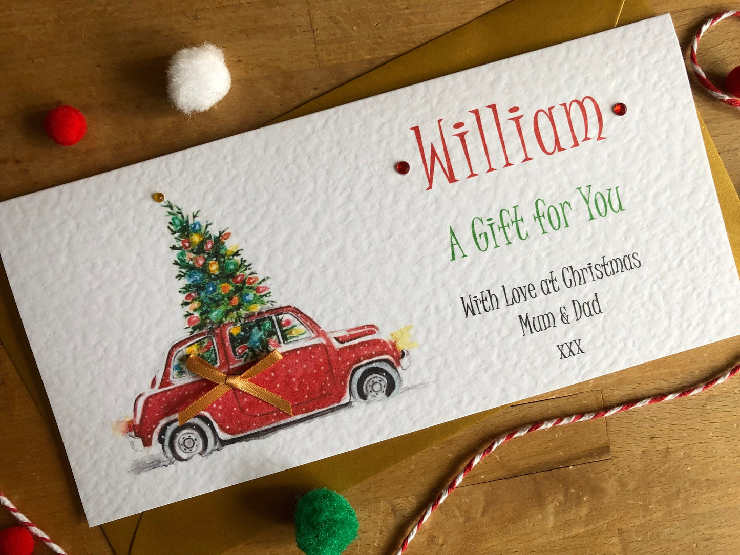 Personalised Christmas Car Money / Gift / Voucher Wallet with Crystals and Bow