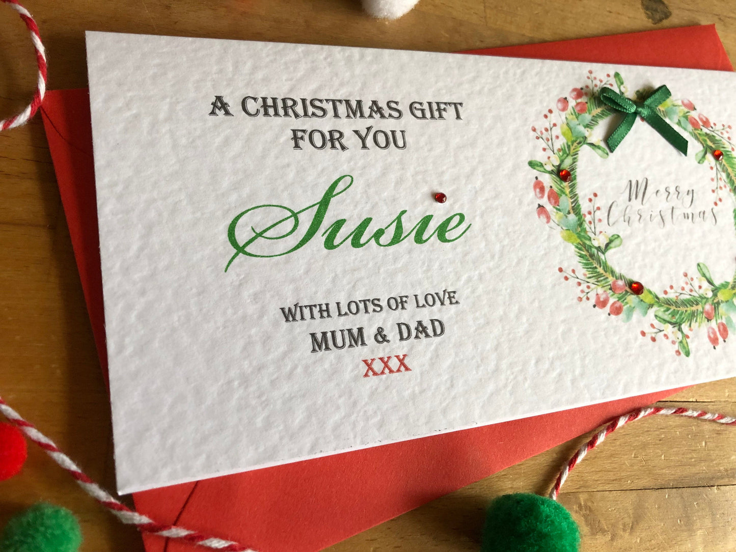 Personalised Christmas Wreath Money / Gift / Voucher Wallet with Crystals and Bow