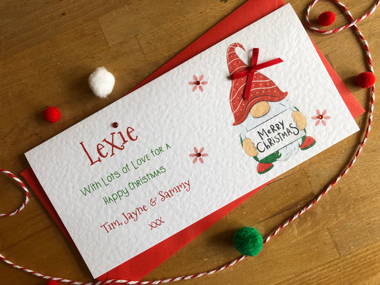 Personalised Christmas Gonk - Scandi Gnome - Red - Money / Gift / Voucher Wallet with Crystals and Bow