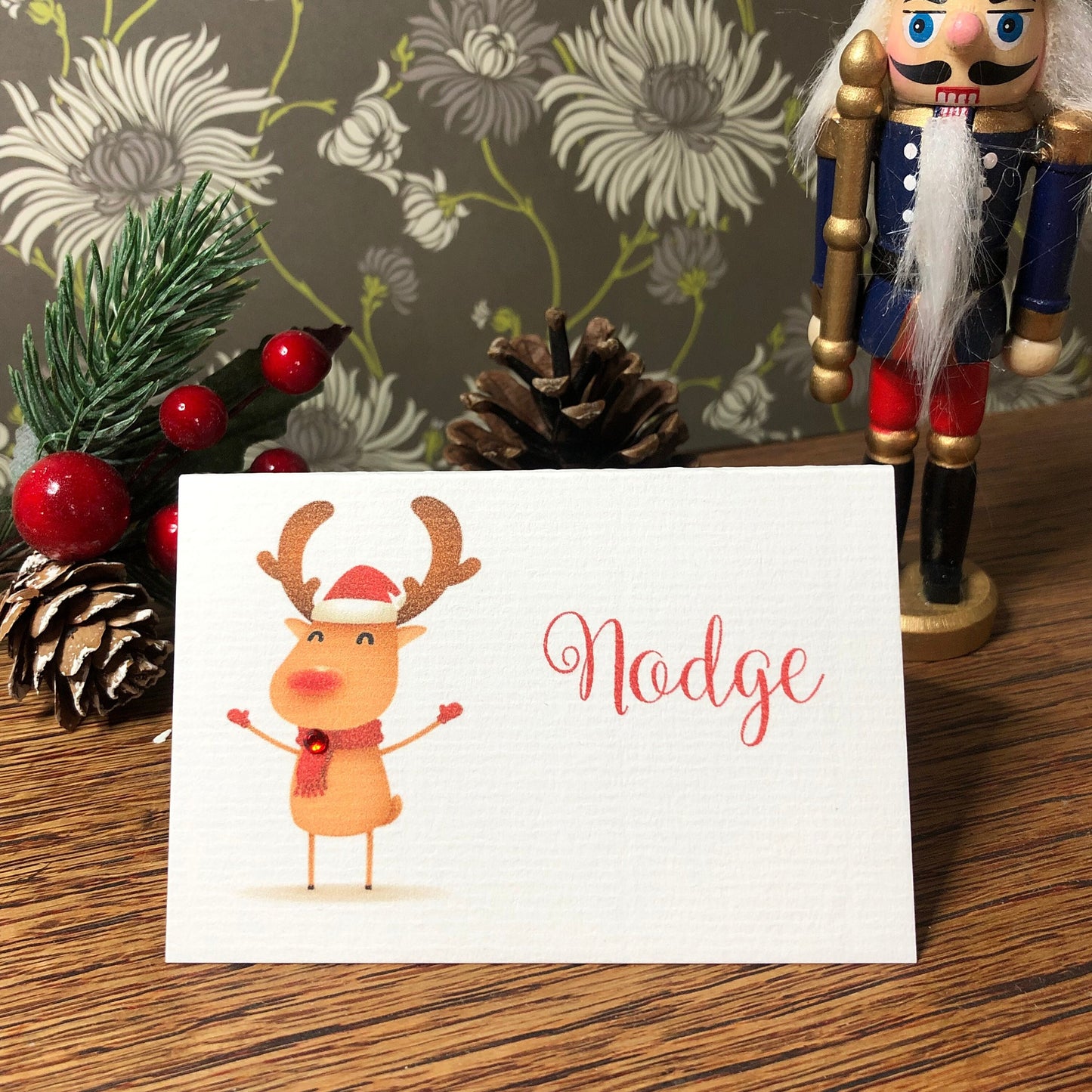 Personalised Christmas Table Name Cards - Happy Reindeer - Table Setting Cards